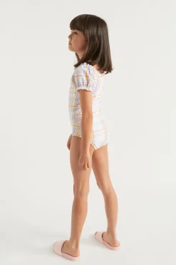 Girl Seed Heritage Swimwear-Check Puff Sleeve Bather