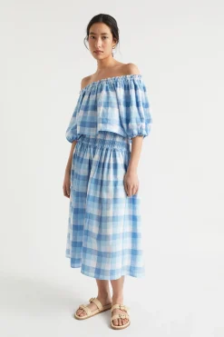 Woman Seed Heritage Skirts-Linen Check Shirred Skirt
