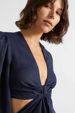 Woman Seed Heritage Dresses-Linen Knot Front Midi Dress
