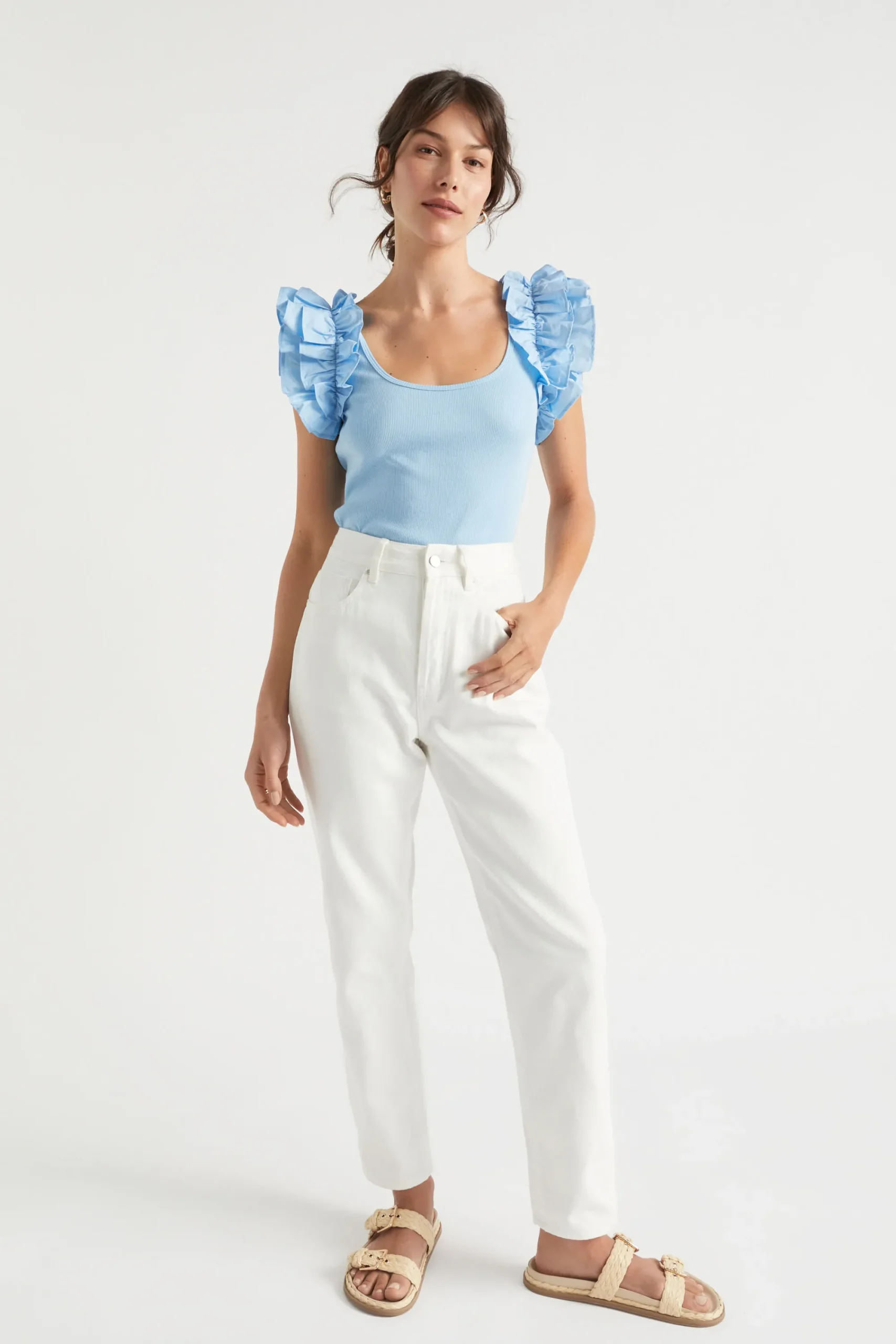 Woman Seed Heritage T-Shirts & Tops-Poplin Ruffle Detail Tank